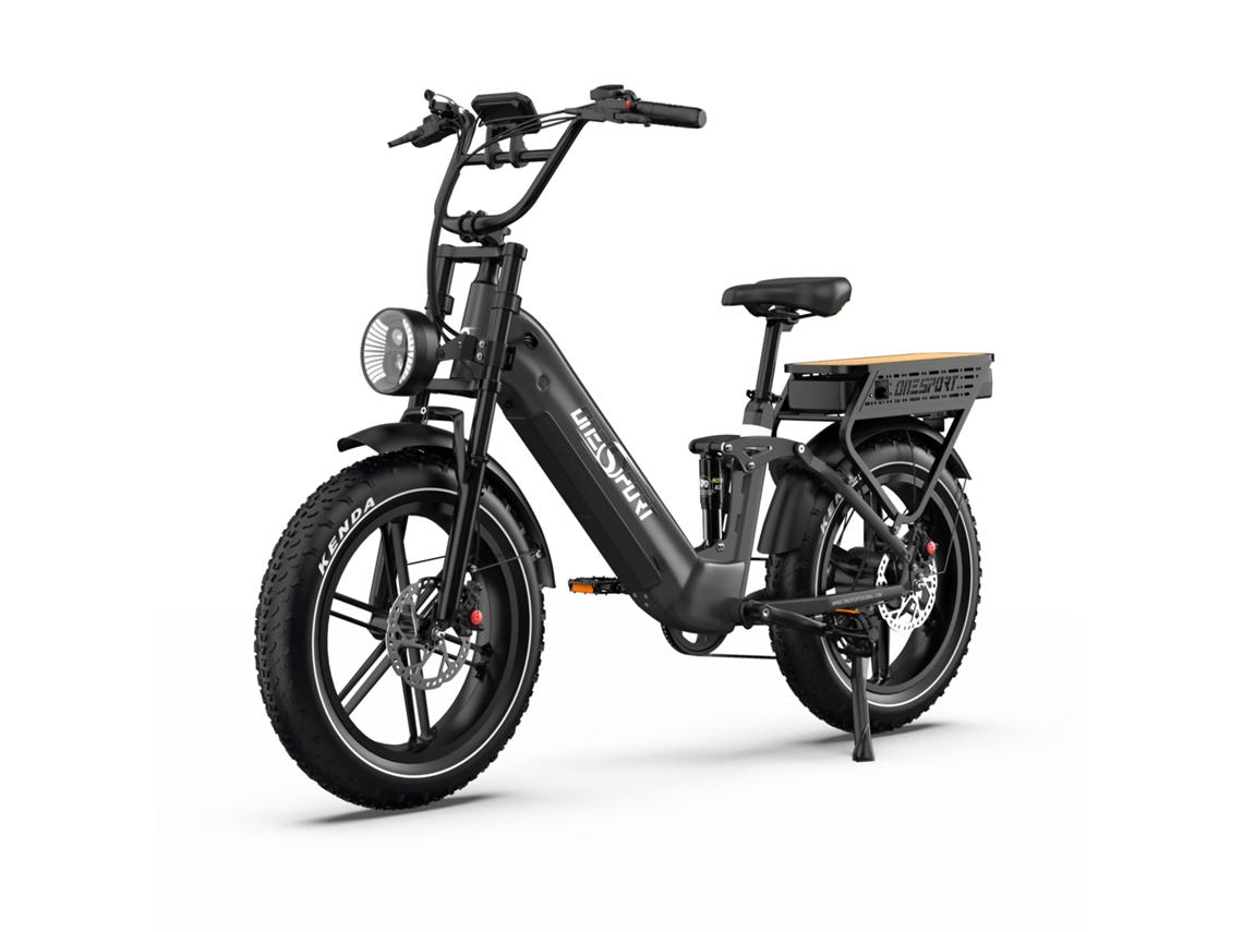 Bicicleta eléctrica Onesport OT08 Pro 20 de 500 W con batería dual de 48 V y 36 Ah, suspensión total, cuadro abierto y neumáticos anchos.