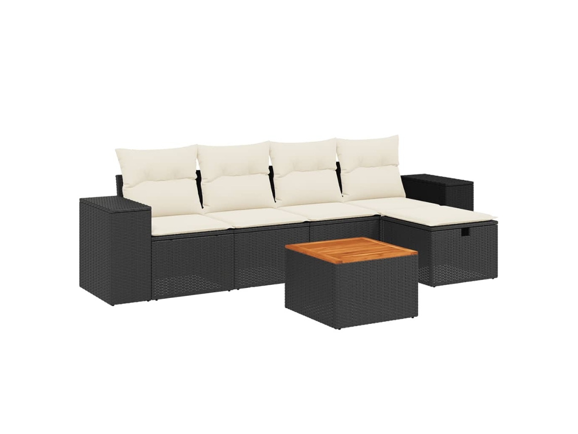 Conjunto de sofá de jardín de 6 piezas con cojines de mimbre, negro, EXCLUSIVO DE LA CASA (6 piezas)