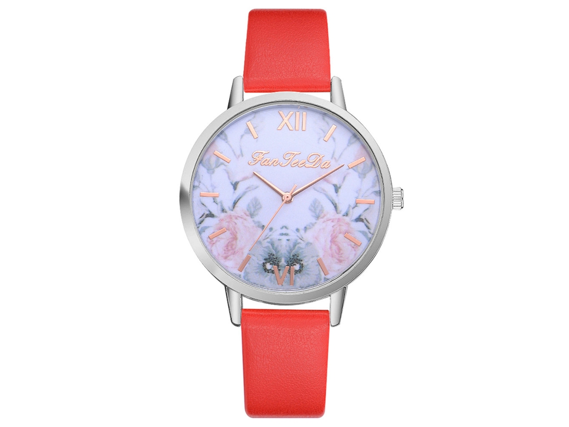 Reloj Analógico De Cuarzo Informal Para Mujer Con Correa Ajustable De Pu, Estampado Floral, Rojo Fd158