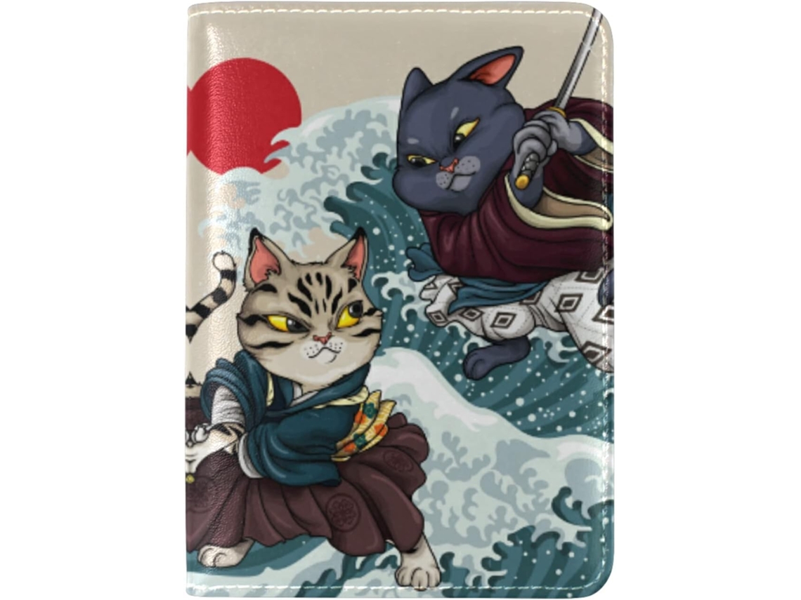 Portapasaportes japonés de piel auténtica con ligero estampado de gatitos