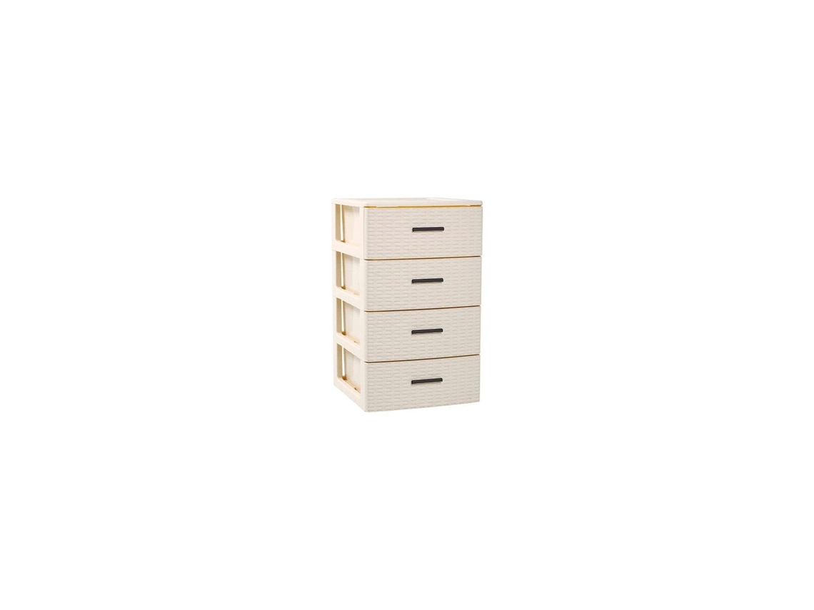 Cajonera de Ordenación Rattan de Plástico Efecto Mimbre Torre de Almacenaje Multiusos Beige 4 Cajones