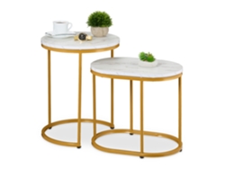 Mesa De Centro Relaxdays, Conjunto De 2, Mesa Redonda E Oval, Efeito Mármore, Pernas Metálicas, Branco/dourado