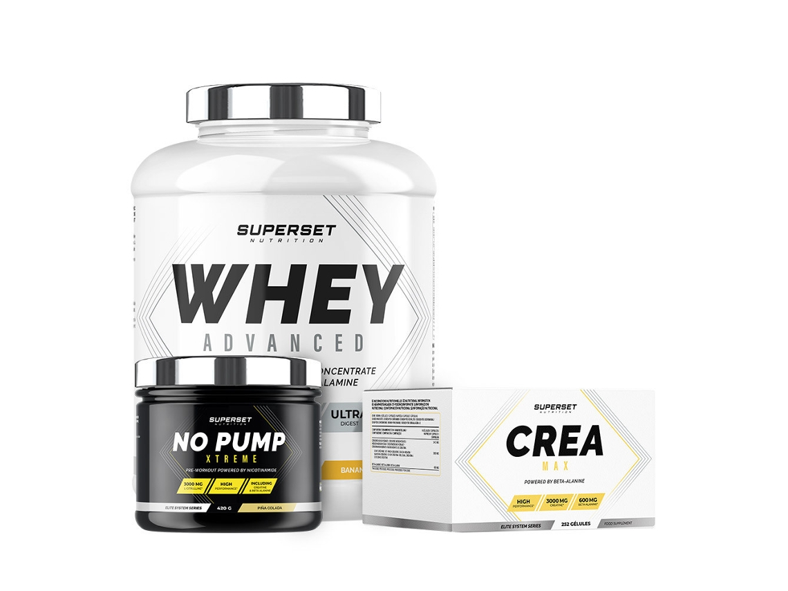 Programa de Músculo Seco Confirmado 100 Whey Protein Advanced 2kg Banana Split Sin Pump Xtreme Pinha Colada Créa Max Superset Nutrition