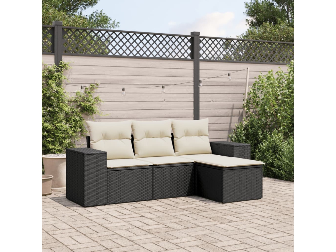Conjunto de sofá de jardín de 4 piezas con cojines, mimbre sintético negro, Dkd Home Decor