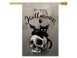 Bandera Vertical De Halloween Doble Cara Con Esqueleto Y Gato Negro Para Exterior Resistente Al Clima