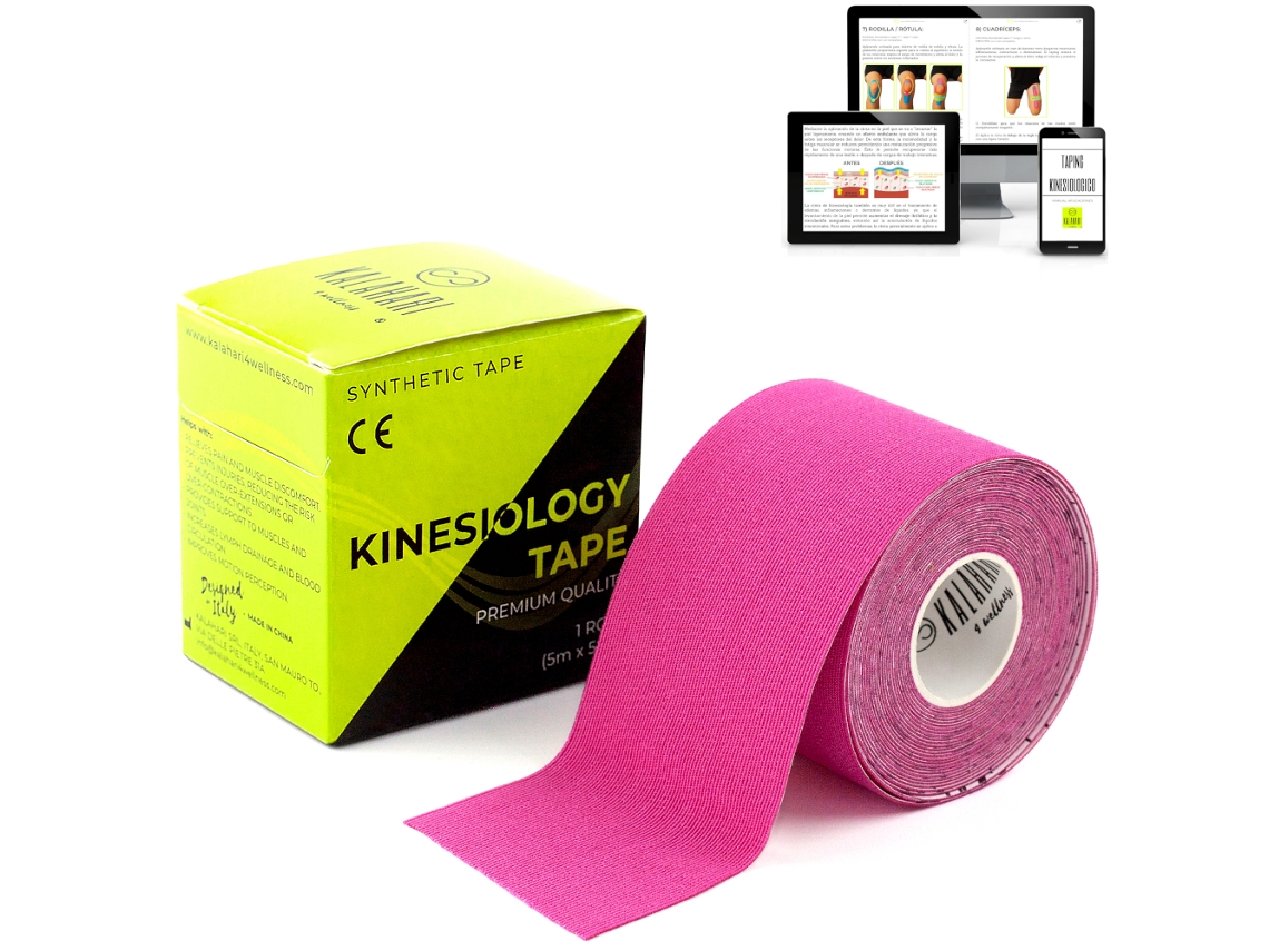 Kalahari 1 rollo de cinta de kinesiología profesional con libro electrónico de aplicaciones - Cinta de kinesiología sintética para una mejor adherencia y resistencia al agua