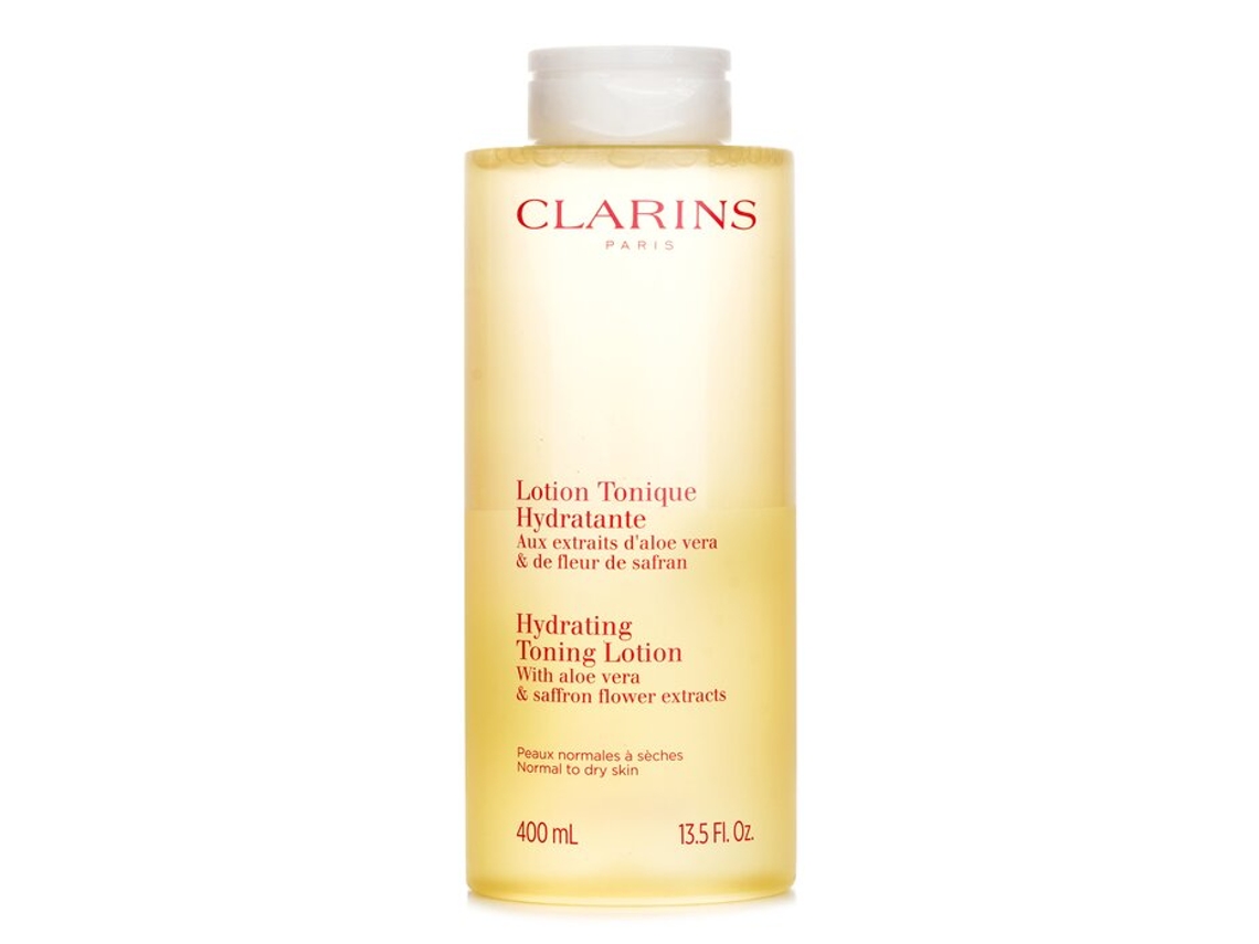 Loción hidratante tónica Clarins con aloe vera y extractos de flor de azafrán para piel normal a seca, 400 ml (envase aleatorio)