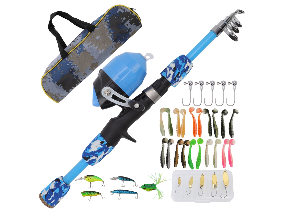 Kit De Caña De Pesca Para Niños Retráctil Combo Caña Y Carrete Multiusos 4.9ft Azul Para 3-15 Años