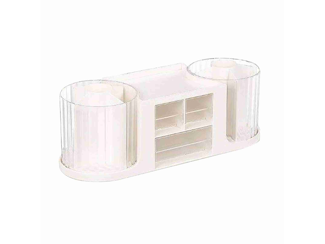 Portalápices giratorio de 360 grados con 2 compartimentos y cajón blanco transparente.