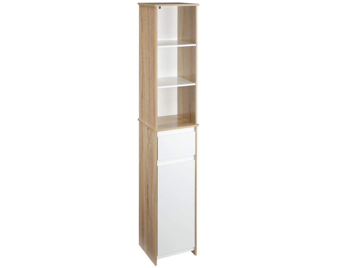 Armario Alto De Baño Mueble Columna De Con 1 Puerta Cajón Y 3 Estantes Balda Ajustable Para Cocina Salón 32,6x30x171,2 Cm Madera Natural Y Blanco