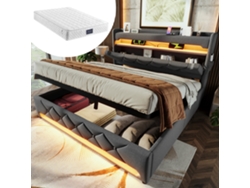 Cama Doble 140x200 Cm Tapizada, Led 360°, Usb-c, Almacenamiento Hidráulico, Gris, Con Colchón.