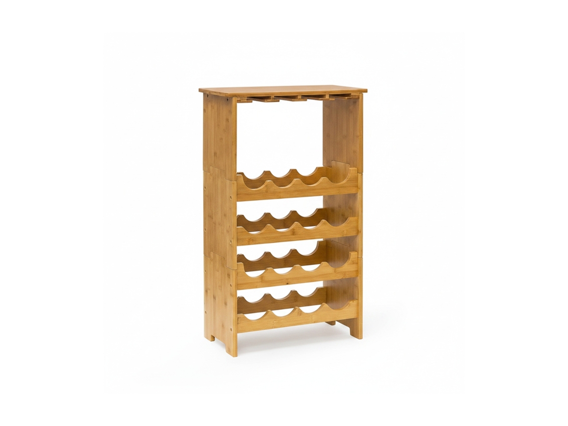 Relaxdays Botellero Vino De Bambú, 84 X 50 X 24 Cm, Estante 16 Botellas Y 12 Copas, 3 Niveles, Apilable, Marrón Natural