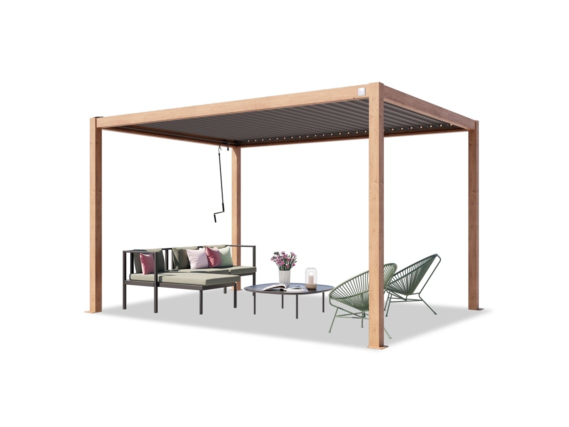 Pérgola Primeyard de 3x4 m con postes de aluminio, apariencia de madera y techo de listones de acero. Pabellón de jardín Toolport.