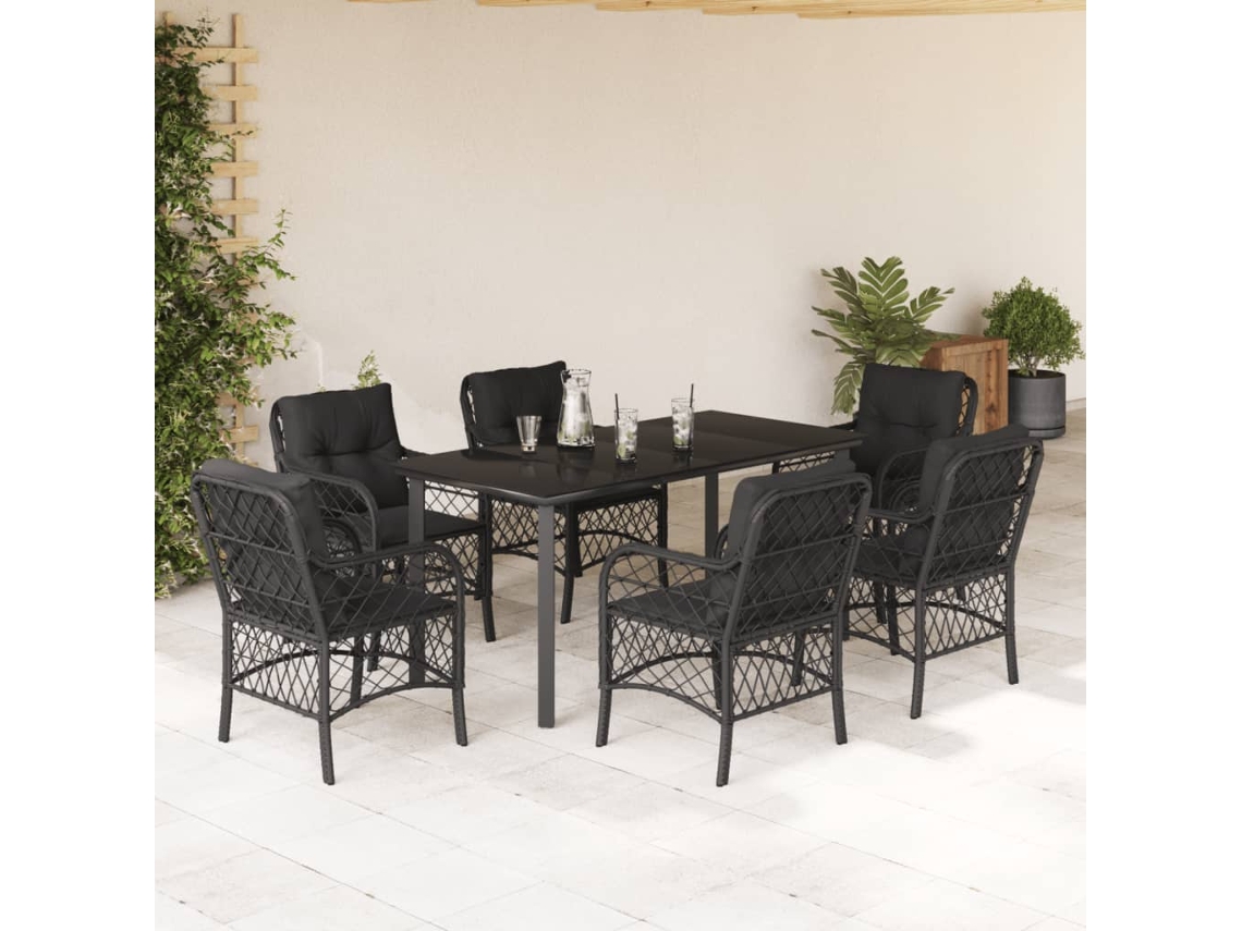 Juego de comedor de jardín de 7 piezas con cojines, mimbre sintético negro, DKD Home Decor