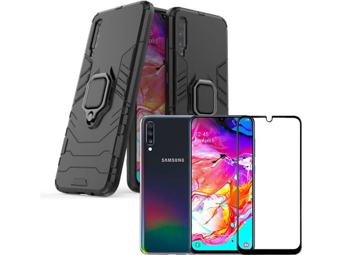 Kit Carcasa y Protector de Cristal 5D Samsung Galaxy A70 Military Defender Negro