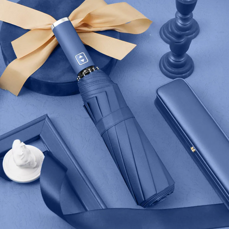 Elegante paraguas automático MDUG con protección UV, color azul oscuro.