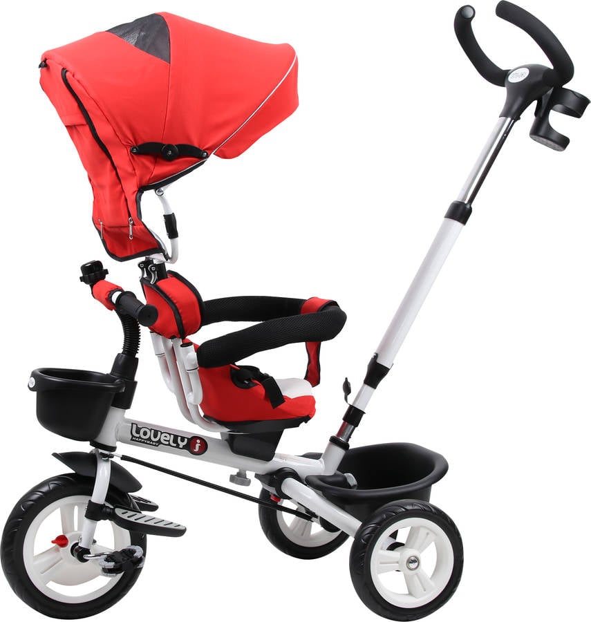 Homcom Triciclo Bebé 4 en 1 bicicletas para niños +18 meses evolutivo asiento giratorio capota barra desmontable control rojo 118x53x105 cm