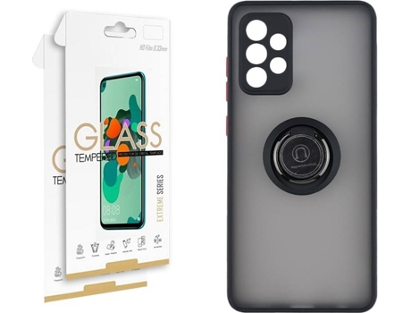 Funda y 2 Protectores de Cristal Samsung Galaxy A72 5G SKYHE Gel Bumper Ring Negro