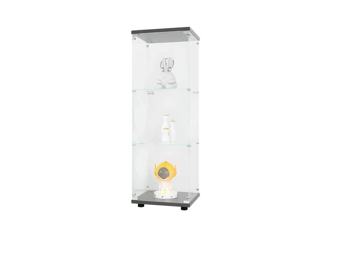 Vitrina de cristal con iluminación LED, diseño que ahorra espacio y tres estantes negros (sin luces).