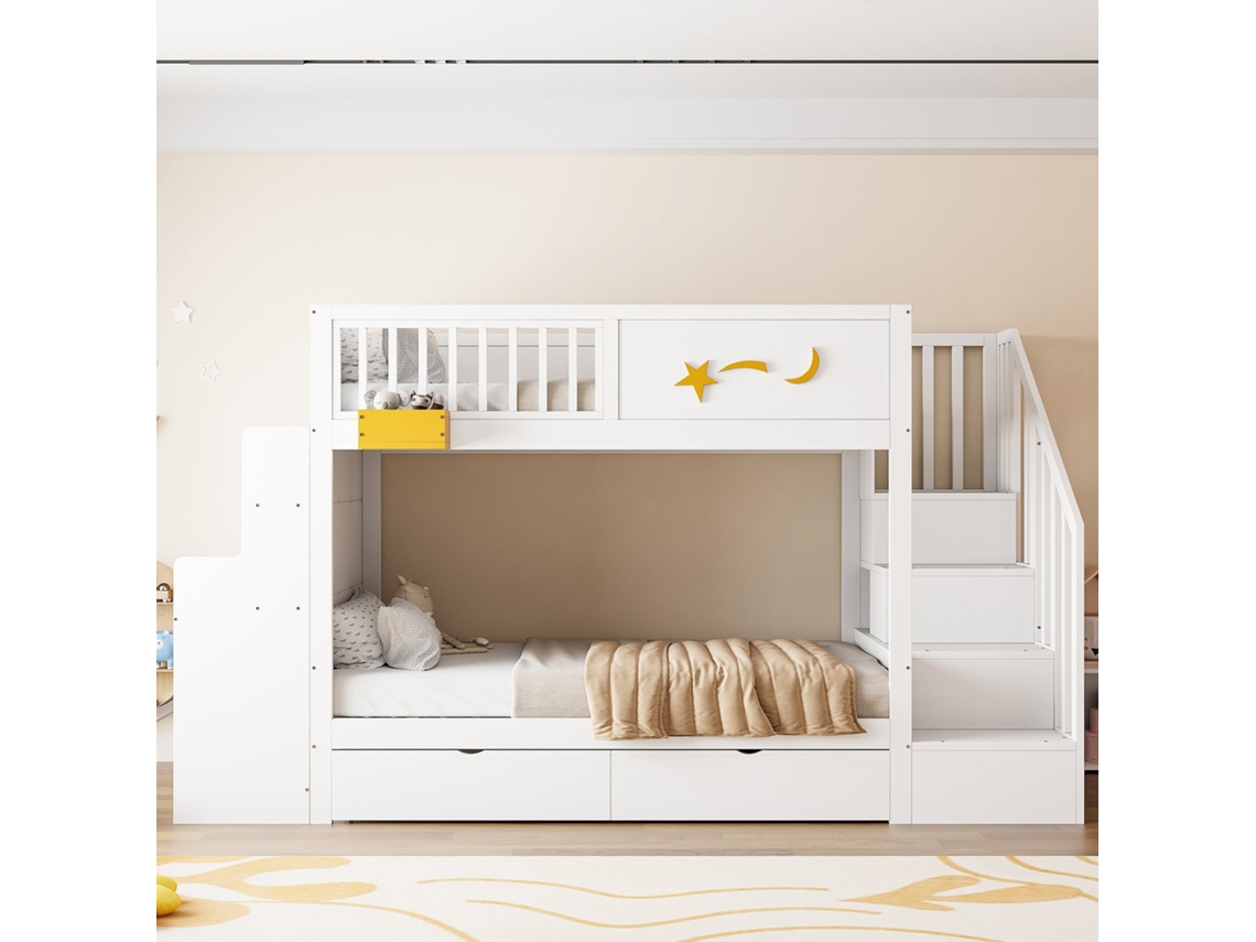 Cama Mezzanine Infantil 90x200cm De Pino Con Cajones, Escalera, Seguridad, Escritorio Y Estante Estrella Blanca