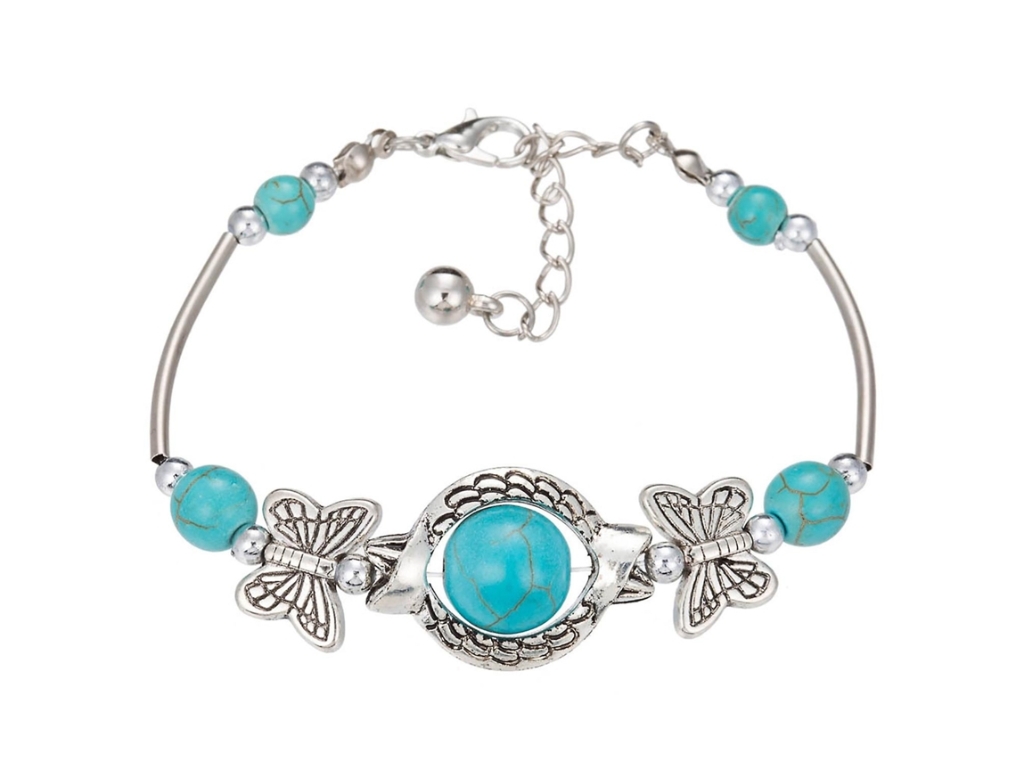 Pulsera de mariposa ajustable unisex, hecha a mano en aleación de metal con cuentas de turquesa, estilo retro. Nostalgia88