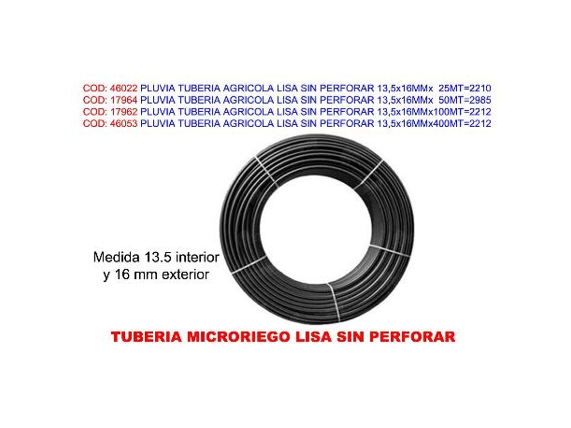 Pluvia tuberia agricola lisa sin perforar 13,5x16mmx100mt