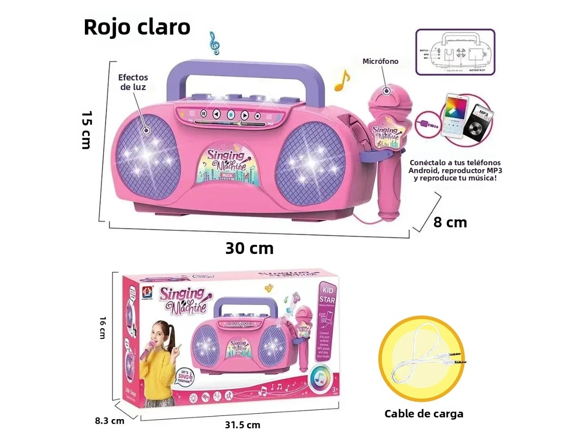 (Rojo claro) Máquina de karaoke con micrófono, radio, altavoz y función karaoke.