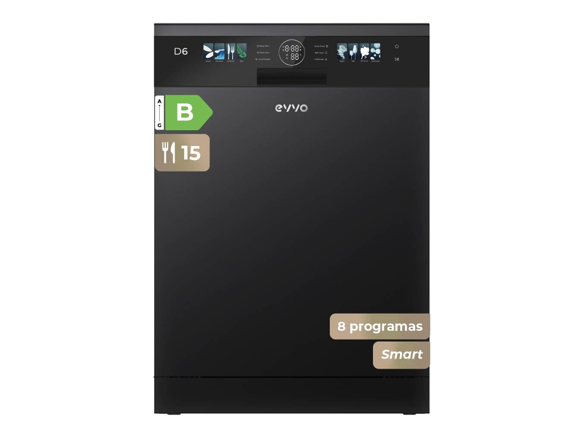 Lavavajillas Evvo D6 de 60 cm, capacidad para 15 servicios, clase B, apertura automática, luz UV, color negro.