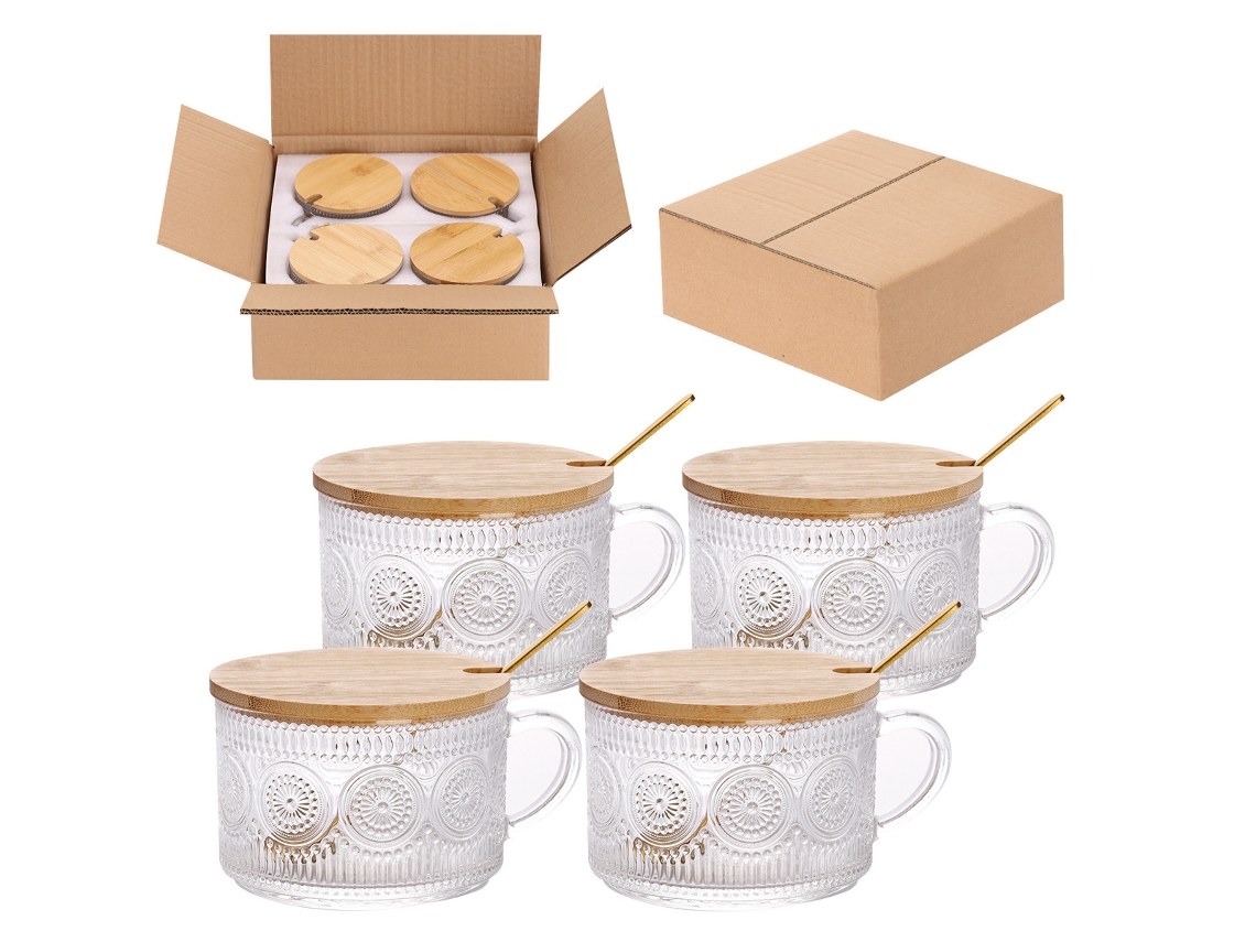 KOFIHETY 4 Tazas de Vidrio Retro con 4 Cucharas, 4 Tapa de Bambú, 450ml Tazas Transparentes con Relieve, para Té, Café, Leche, Capuchino, Yogur
