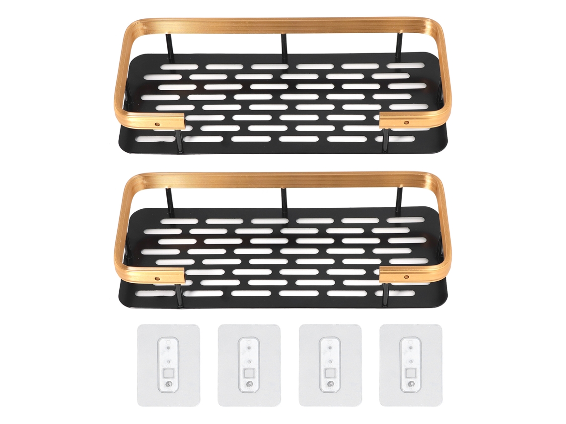 Cesta Rectangular De Aluminio De Dos Niveles Para Baño (sin Necesidad De Taladrar) - Negro Y Dorado