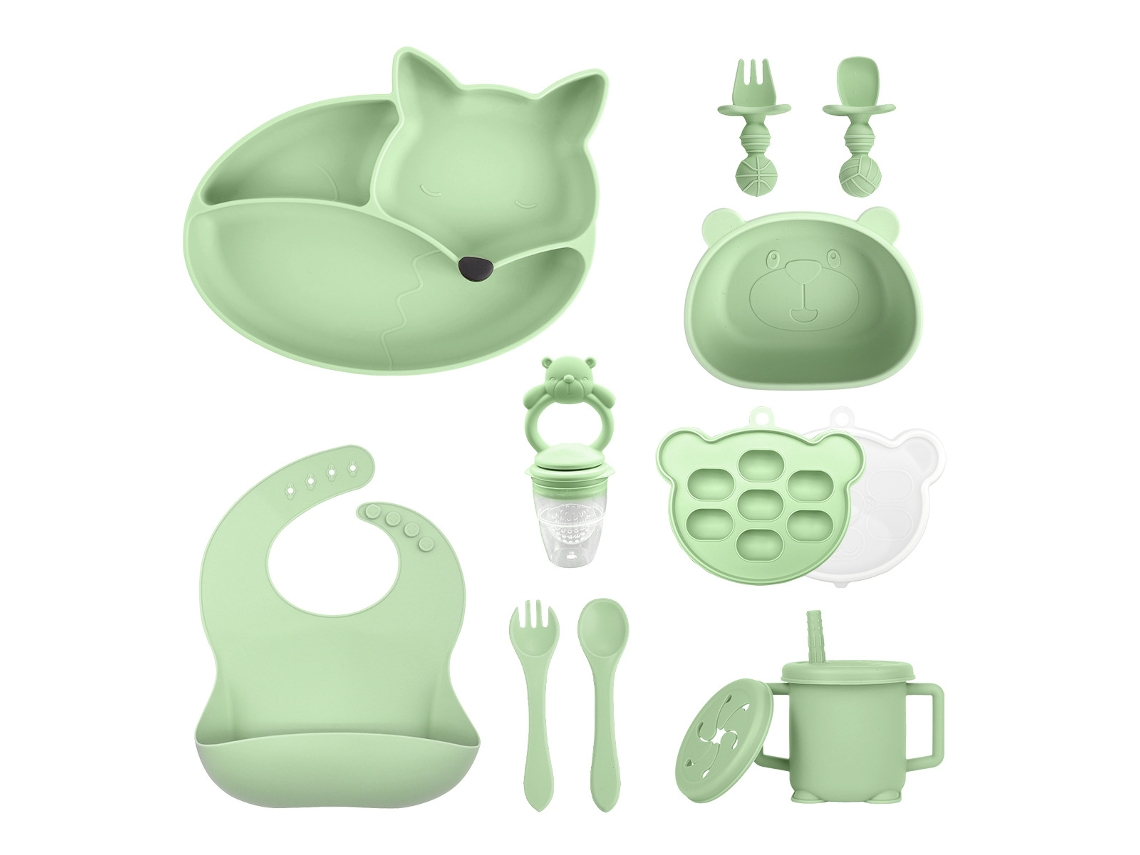 Set De Cubiertos Bebé Eifson 6+ Meses Plato Zorro Ventosa + Cubiertos (verde)