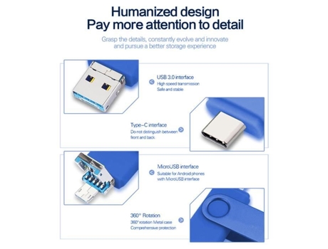 Unidad Flash USB 3.0 de Alta Velocidad 3 en 1 Unidad Flash USB 3.0 Plug And Play Memoria Impermeable Stick de Almacenamiento 64Gb HURRISE