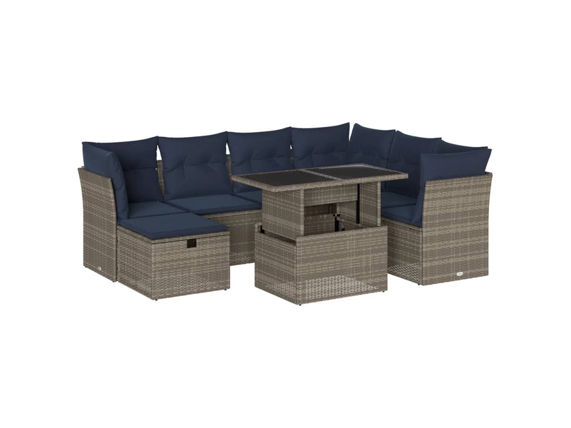 Conjunto de sofá de jardín de 8 piezas con cojines, ratán gris. EXCLUSIVO DE MAISON.