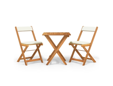 Conjunto 3 Mesa y sillas plegables terraza VIDAXL y cojines madera acacia