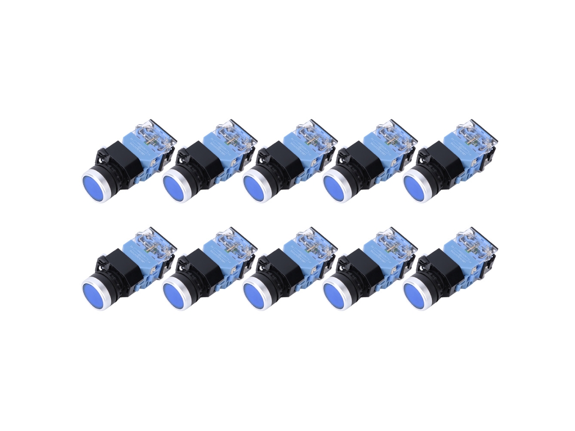 10 Interruptores De Botón Pulsador De Cabeza Plana Con Reinicio Automático Bem38-11d, 1 Encendido, 1 Apagado, Luz Azul De 22 Mm.