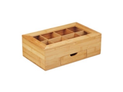 Relaxdays Caja Té, Ventana En La Tapa Y 8 Compartimentos, Organizador Infusiones, Con Cajón, 11x33x20 Cm, Bambú, Marrón