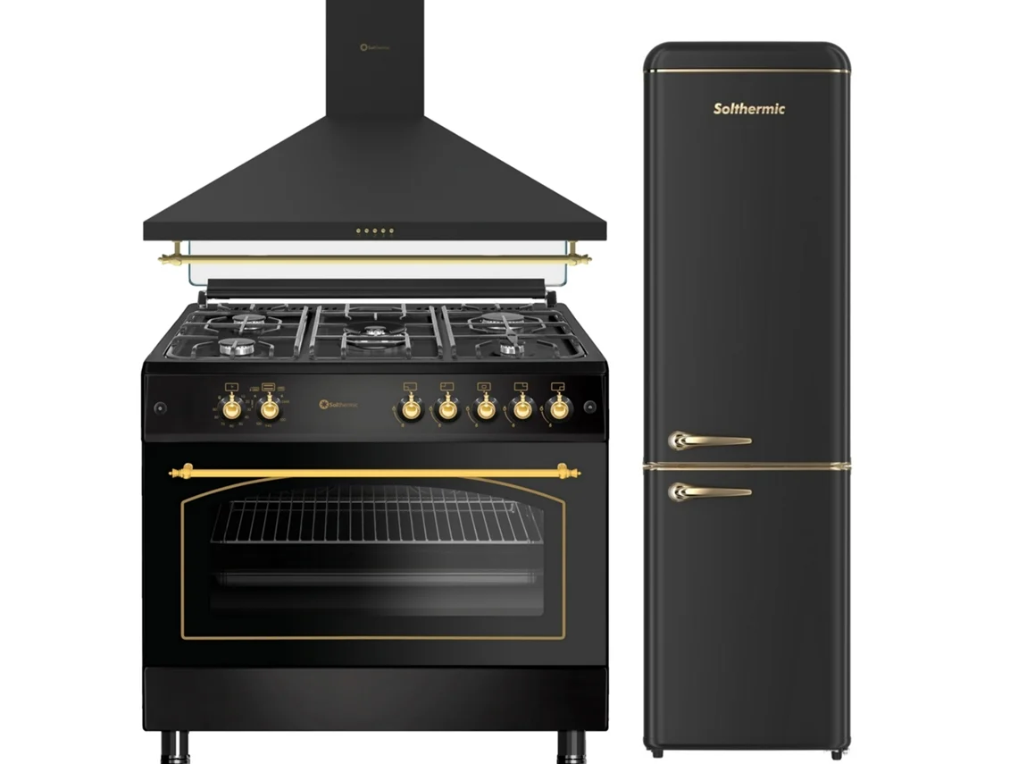 Solthermic® Combo Pack Estufa Gas Rustica Negra 90x60 Panorámico Horno Extractor 90 Frigorífico Congelador Retro 1.88 Fcr188n Negro