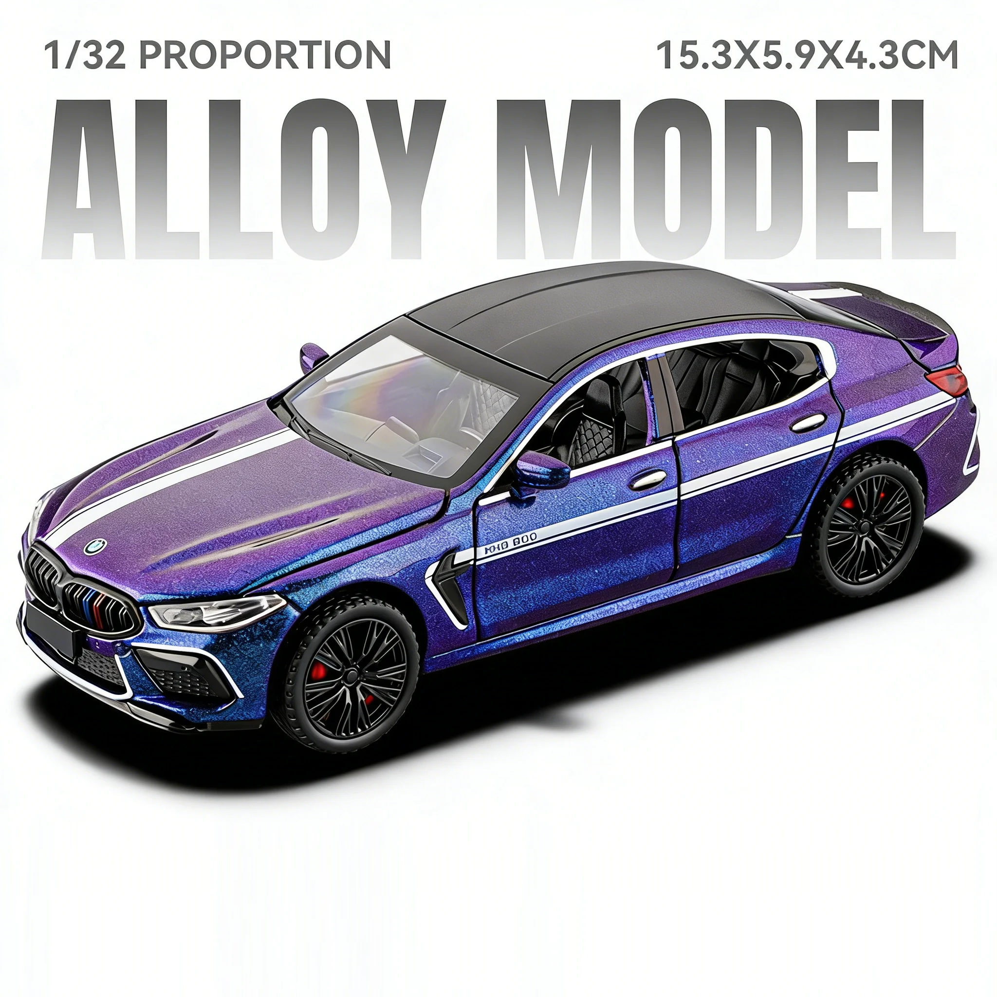 (m8 Morado) Escala 1:32 - Coche deportivo en miniatura, puertas que se abren - Efectos de sonido y luz