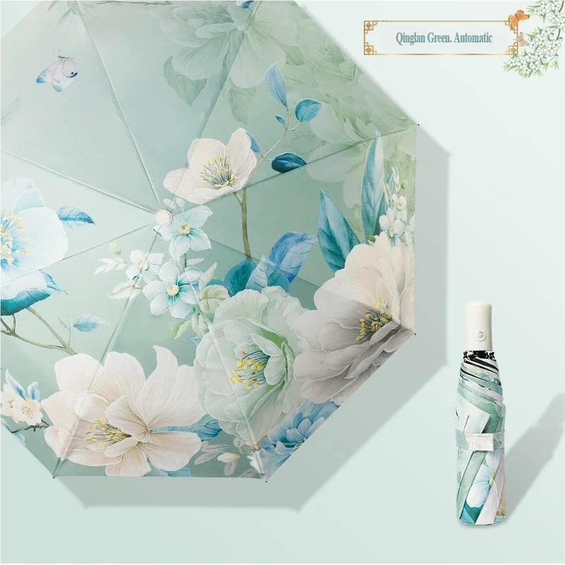 (estilo 4 8k) Paraguas Plegable Con Estampado De Flores Chinas, Protección Uv Y Doble Uso.