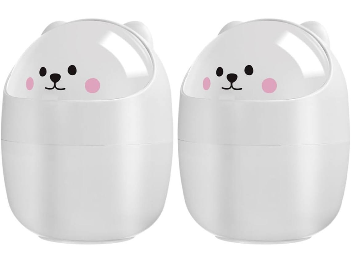 Juego de 2 mini papeleras de mesa con tapas de plástico blanco, diseño encantador y funcional.