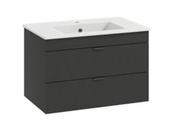 Mueble de baño con lavabo de cerámica y cajones con cierre suave.