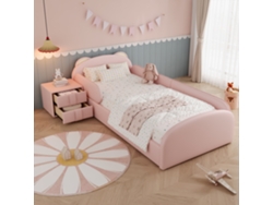 Cama Tapizada Con Diseño De Osito De Peluche, Cabecero, Mesa Auxiliar Anticolisión, Terciopelo Rosa, 90x200 Cm.