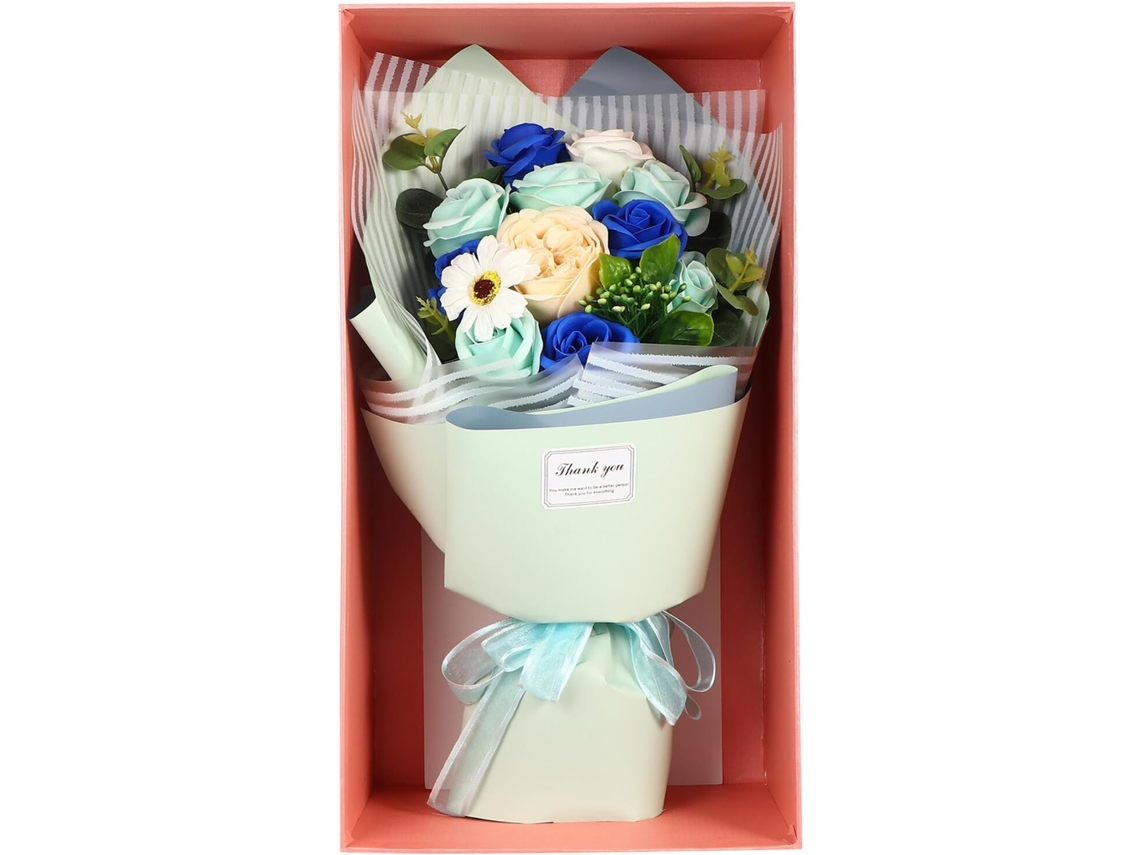 Ramo De Rosas Siemprevivas Azules En Una Caja De Regalo Con Forma De Jabón: Decoración Floral Hecha A Mano Para El Día De San Valentín.