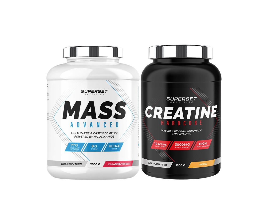 Programa avanzado de aumento de masa Masa avanzada 2,5 kg Yogur de fresa Creatina Hardcore 1,5 kg Naranja Superset Nutrition