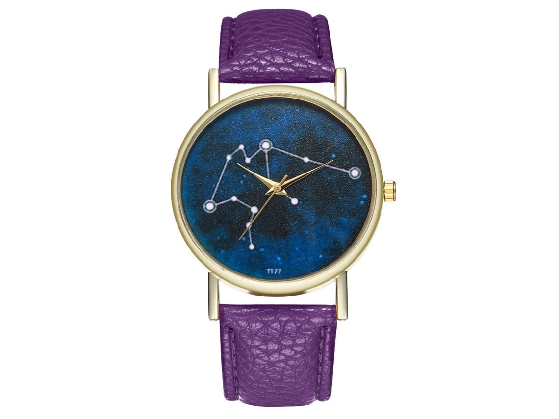 Reloj De Pulsera Unisex De Cuarzo Con Correa De Cuero Y Esfera Con Diseño De Cielo Estrellado Morado.