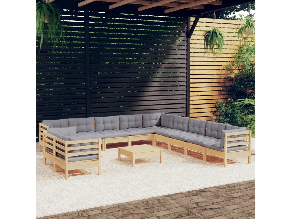 Conjunto de jardín DKD Home Decor de 12 piezas con cojines de pino macizo gris