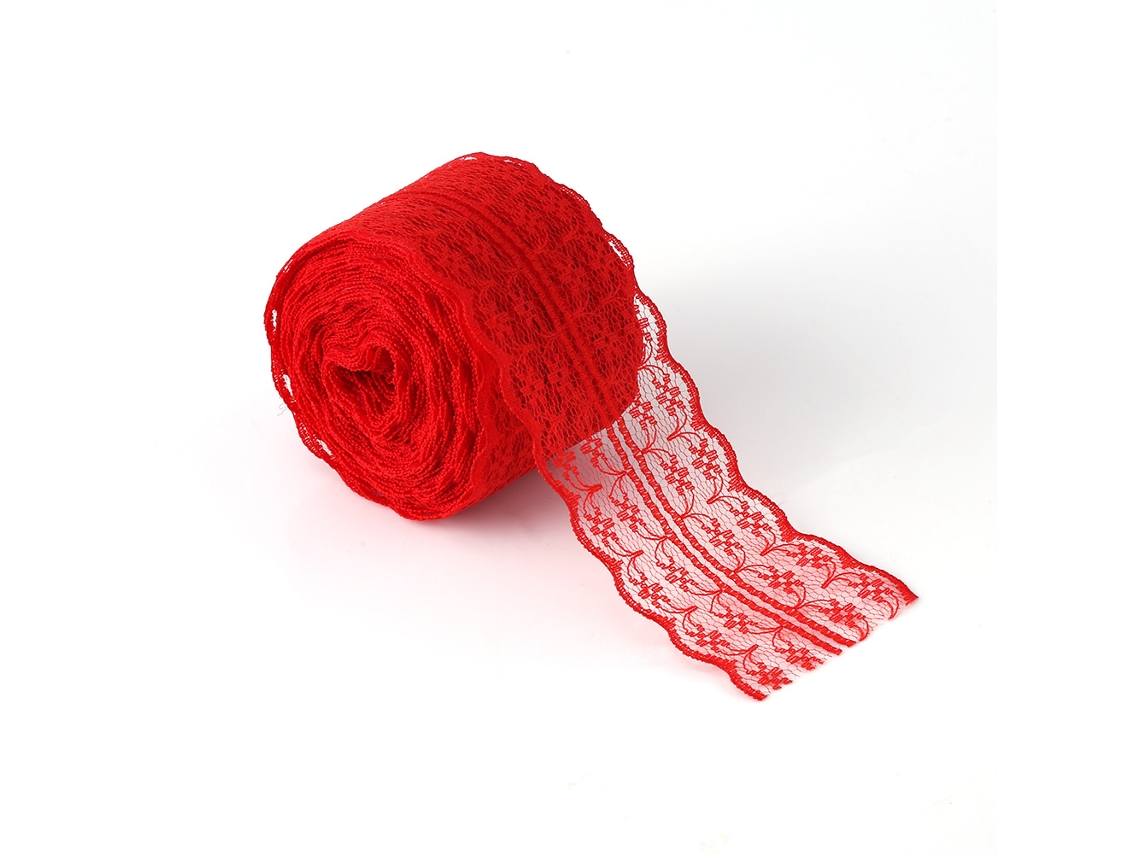 Rollo de rayas rojas con encaje blanco, 4,5 cm x 10 m