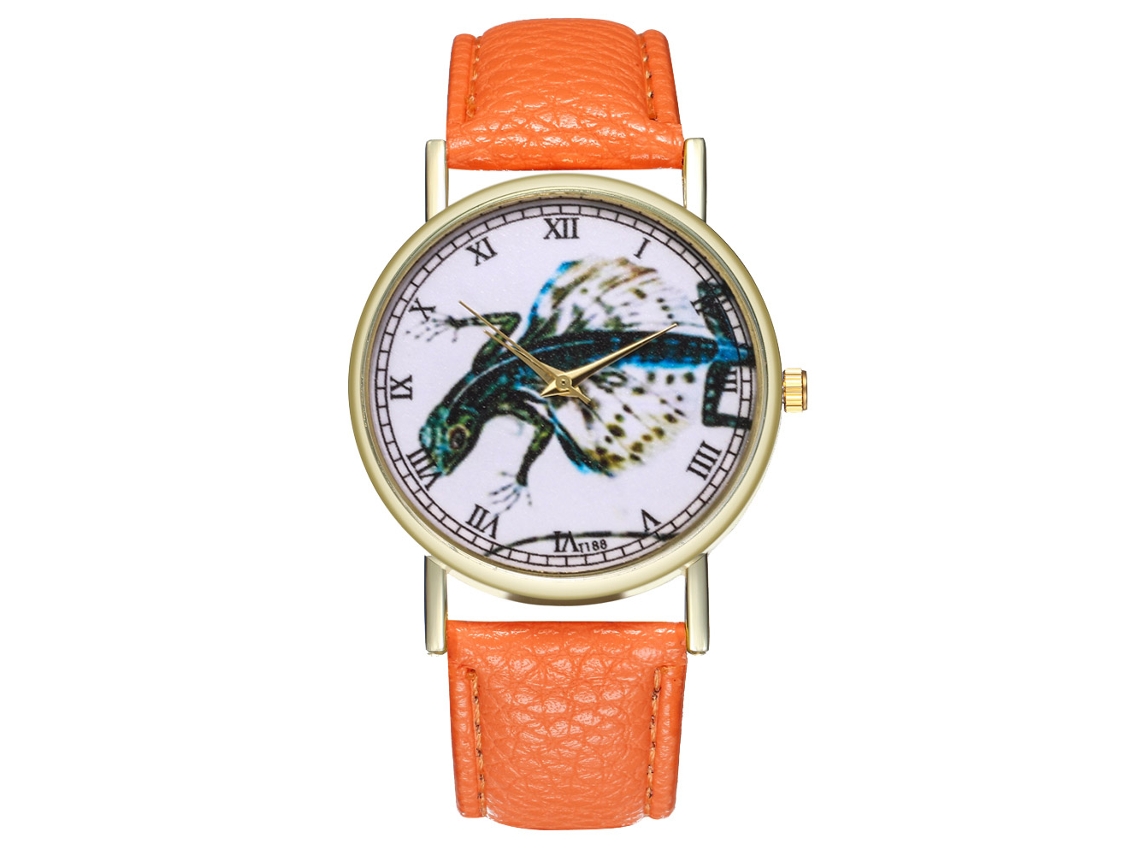Reloj Unisex Informal De Cuarzo Con Forma De Lagarto Volador Y Correa De Cuero Naranja.