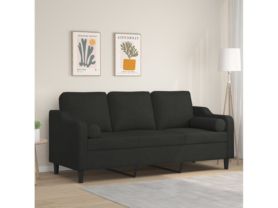 Sofá De 3 Plazas Con Cojines Tela Negro 180 Cm