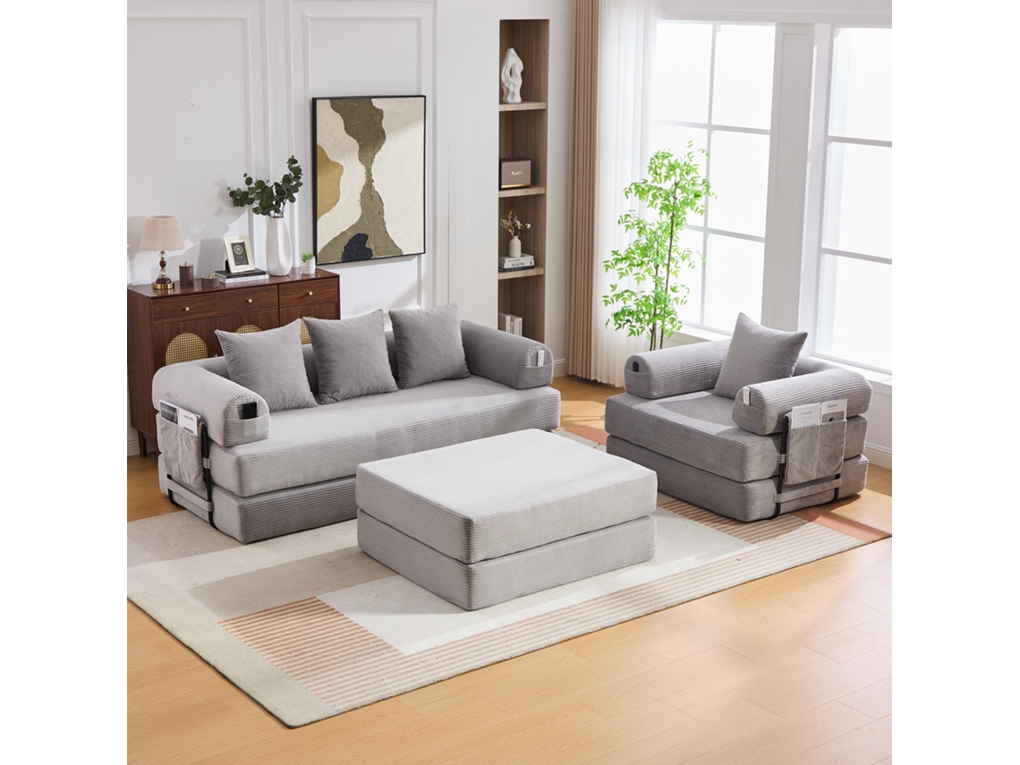 Sofá Modular De 4 Plazas En Terciopelo De Pana Con Bolsillo Lateral Y 4 Cojines.
